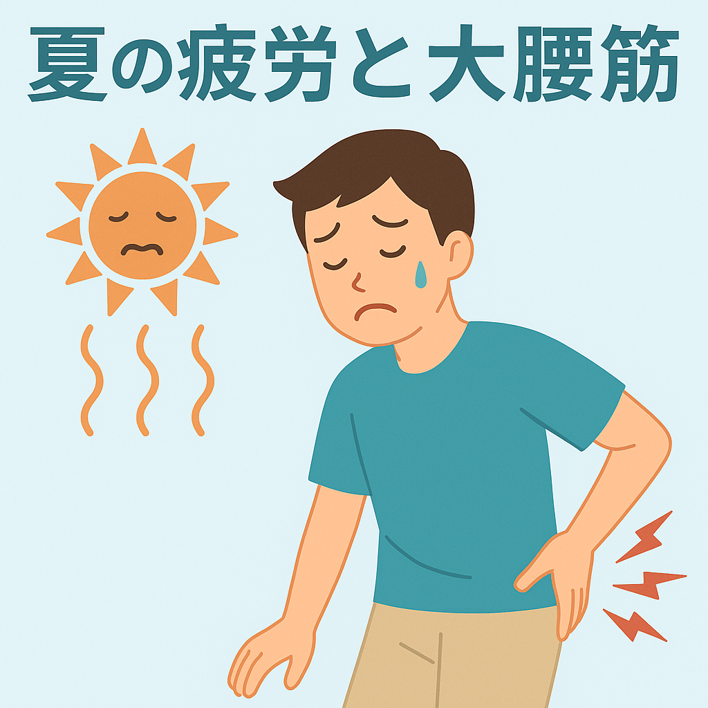 夏の疲労でだるそうに腰を押さえる人物のイラスト｜仙台市太白区とりうみ整体院院長ブログ